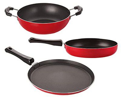 Nirlon Aluminium Non Stick Cookware Pots and Pans Set with Bakelight Handle, Red