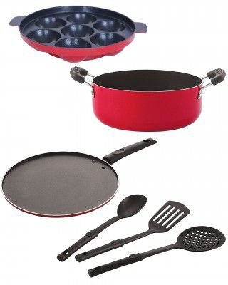 Nirlon Aluminium Nonstick Coated 6 Pcs Set of Appam-7 Cavity,Casserole12-20cm/ Smart Tawa-26.5cm & 3 Spoon (2.6mm_AP7_CS20_ST11_3SPN)