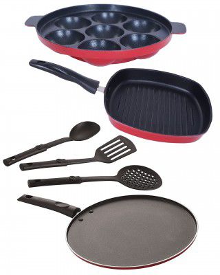 Nirlon Aluminium Nonstick Coated 6 Pcs Set of Appam-7 Cavity,Grill Pan-22.5cm,Smart Tawa-29cm & 3 Spoon (2.6mm_AP(7)_GP(22.5)_ST12_3SPN)