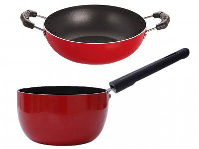 NIRLON Gas Compatible Non Stick Aluminium Deep Kadhai and Sauce Pan/Milk Pan Combo (Kadhai 14cm,Sauce Pan 13.5cm)