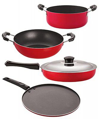 NIRLON Kitchen Non Stick Cookware Premium Quality Utensils Set of 4 Pieces (FP10_KD10_ST11_CS24)-Red & Black