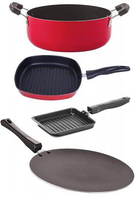 Nirlon Non Stick Aluminium Cooking Pan and Pot Utensils Combo Kitchen Sets,4 Pieces (Red & Black) (CT12_GP24.5_SGP_CS24)