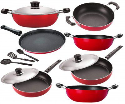 Nirlon Non Stick Aluminium Pfoa Free Non-Toxic Durable Kitchenware Set of10 Pieces (2.6mm DKD(J) FP12 FP13 KD11 KD12 KD13 FT12 3spoon)