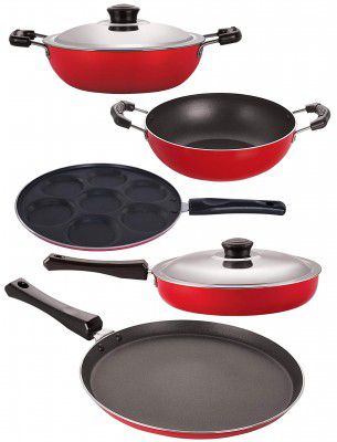 Nirlon Non-Stick Coated Aluminium Heat Resistance Kitchen Cooking Essential Item Set, 5 Piece, Red & Black