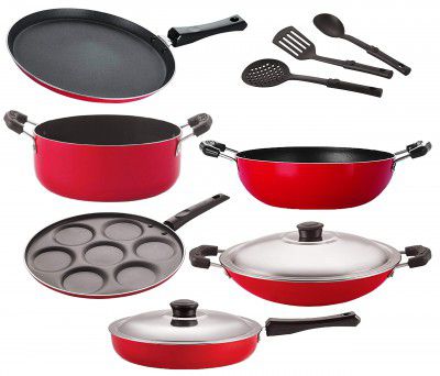 Nirlon Non Stick Cooking Pan and Pot Utensils Gift Kitchen Set of 9 Pieces { 26_FT12_KD12_CH_UP_Cass20_FP12_3SPN }