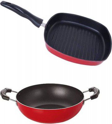 NIRLON Non-Stick Heat Resistance Kadhai and Grill Pan Combo Set Non-Stick Coated Cookware Set  (Aluminium, 2 - Piece)