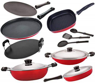 Nirlon Non-Stick Heavy Gauge Aluminium Kitchen Items - 10 Pieces, Red [FT12_CT12_FP12_DKD(B)_AC_RT_GP24_3SPN]