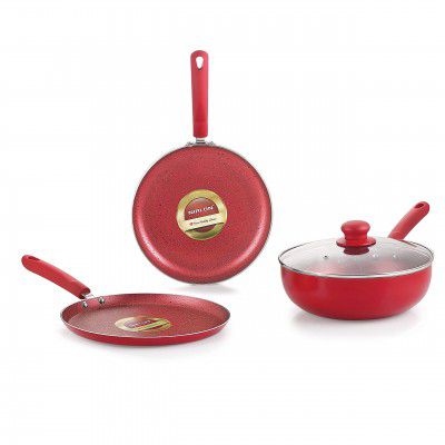 Nirlon Red Velvet 4-Piece Non Stick Induction Cookware, Aluminium Pots and Pans Set with Glass Lid, Red