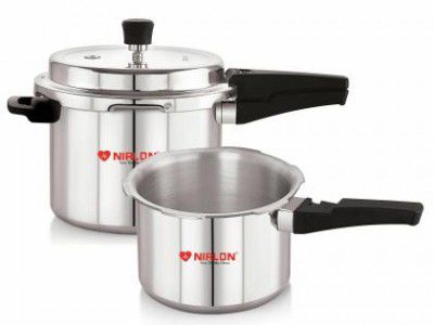 NIRLON SUPREME Aluminium 3+5 Litre Combo Pressure Cooker with Induction Base, Silver, (1 Outer Deep Lid)