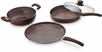 NIRLON Woody Cookware Set, 4-Pieces, Brown Non-Stick Coated Cookware Set (PTFE (Non-stick), 4 - Piece)