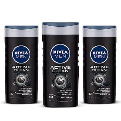 Nivea Active Clean Body Wash with Active Charcoal, Shower Gel For Body, Face & Hair, 250ml (Pack of 3)