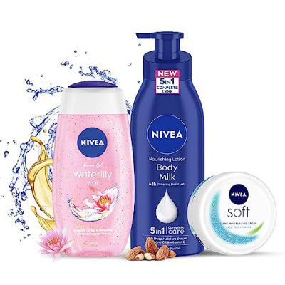 NIVEA Complete Regime Kit - Soft 300ml Moisturizing Cream, Body Milk 400ml Nourishing Lotion & Water-Lily Flower 250ml Refreshing Shower Gel