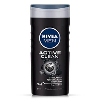 NIVEA Men Body Wash, Active Clean with Active Charcoal, Shower Gel for Body, Face & Hair, 250 ml