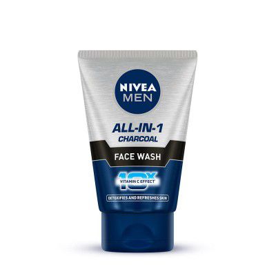 Nivea Men Face Wash, All In 1 Charcoal, To Detoxify & Refresh Skin With 10X Vitamin C Effect, For All Skin Types, 50 G