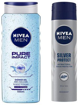 NIVEA Men Pure Impact Shower Gel, 500ml, Hair, Face & Body Wash And NIVEA Men Deodorant, Silver Protect, 150ml