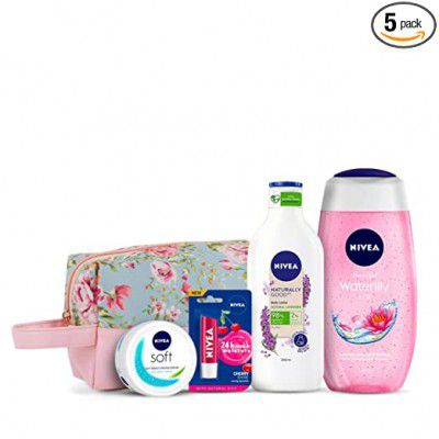 NIVEA Naturally Good, Natural Lavender Body Lotion, 200 ml, NIVEA Women Shower Gel, 125 ml, Nivea Soft Crème 50ml and Nivea Lip Care Fruity Shine Cherry, 4.8g with Pink Floral Styling Pouch