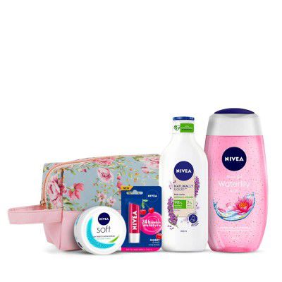 Nivea Naturally Good Natural Lavender Body Lotion 200ml, Nivea Women Waterlily & Oil Body Wash 125ml, Nivea Soft Crame 50ml And Nivea Lip Care Fruity Shine Cherry 4.8G With Styling Pouch