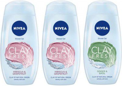 NIVEA Women Shower Gel Combo, Clay Fresh Hibiscus & Grapefruit, 250ml (Pack of 2), Clay Fresh Ginger & Basil, 250 ml (3 Items in the set)