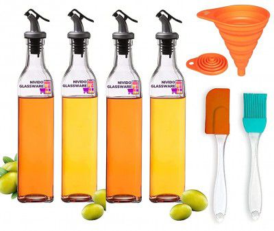 Nivido Enterprise® 500ml Kitchen Organisation, Oil-Vinegar Bottle, Alcohol Pourer Combo Pack (Oil Bottle Pack of 4, Silicone Funnel & Oil Brush & Spatula) (Combo 4)