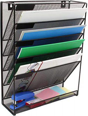 Nixby 5 Pocket Wall Mounted File Hanging Organizer Metal Mesh | 12.75 x 4.25 x 16 inches | Black