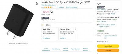 Nokia Fast USB Type C Wall Charger 33W