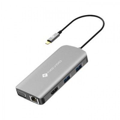 NOVOO 9-in-1 USB 3.1 Type C to USB 3.0 Type A, USB 3.0 Type C, HDMI, VGA Port, LAN Port, SD Card Slot, TF Card USB Hub (Pass-Through Charging, Dark Grey)
