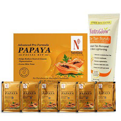 NutriGlow NATURAL'S Advanced Pro Formula Papaya Facial Kit (60gm) and De Tan Scrub (65gm) Instant Tan Removal & Skin Lightening, Pack of 2