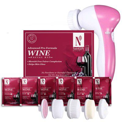 NutriGlow NATURALS Advanced Pro Formula Wine Facial Cleanup Kit for Glowing Skin| Blemish Free, Remove Blackheads, Fairer Complexion| 60gm with 5 in 1 Rotating Face Massager