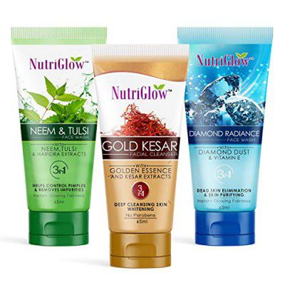 NutriGlow Neem Tulsi Face Wash, Gold Kesar Face Wash and Diamond Radiance Face Wash For Brighten Skin, Remove Wrinkle, 65ml Each, Pack of 3