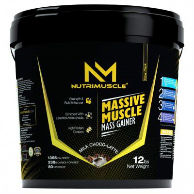 Nutrimuscle Massive Muscle Mass Gainer - 12 Lbs - 5.44 Kgs - Choco Latte Flavour - For Muscle & Mass Gain - Contains Complex Carbohydrates, BCAA, Digestive Enzymes & Essential Vitamins & Minerals