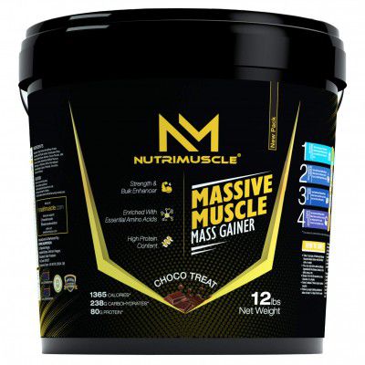 Nutrimuscle Massive Muscle Mass Gainer - 12 Lbs - 5.44 Kgs - Choco Treat Flavour - For Muscle & Mass Gain - Contains Complex Carbohydrates, BCAA, Digestive Enzymes & Essential Vitamins & Minerals