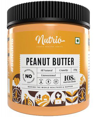 Nutrio 100% Natural Peanut Butter Unsweetened 350gm (Crunchy) || Made with 100% Roasted Peanuts | No Added Sugar | No Added Salt | No Added Oils | Zero Cholesterol | Vegan (350 GM)