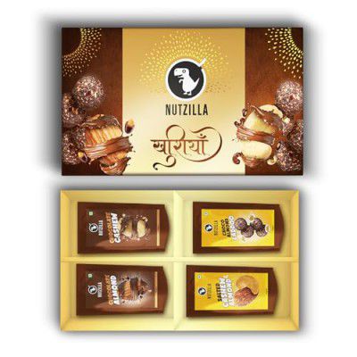 Nutzilla By Bevzilla Diwali Gift Box & Hamper | 4 X 40 grams Pack | Chocolate Almonds, Chocolate Cashew,Chocolate Almond Laddoo & Salted Almond & Cashews |Festive Gifting | Premium Gift Box | Gift Box