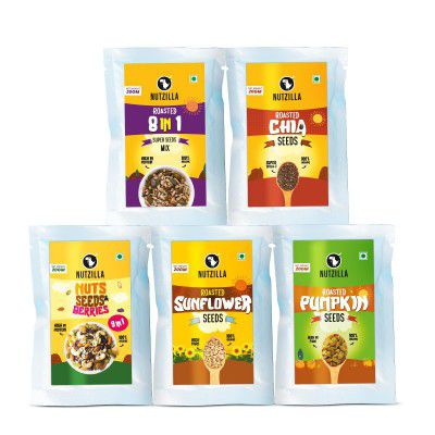 Nutzilla Pack of Chia Seeds, Sunflower Seeds, Pumpkin Seeds, 8 in 1 Nuts & Seeds, Nuts, Berries & Seeds Mix Sachet (20 Gram X 10 Sachet) | 2 Sachet Each |High in Vitamin & Protein