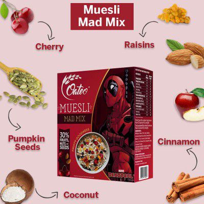 Oateo Mad Mix Muesli 400g | Contains 30% Fruits & Nuts | 100% Oats | No added Sugar | No Wheat or Corn Flakes | Breakfast Cereal of Champions (Pack of 1)