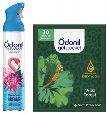 Odonil Combo Pack - Air Freshener Spray + Gel Pocket | Carribean Dreams & Wild Forest