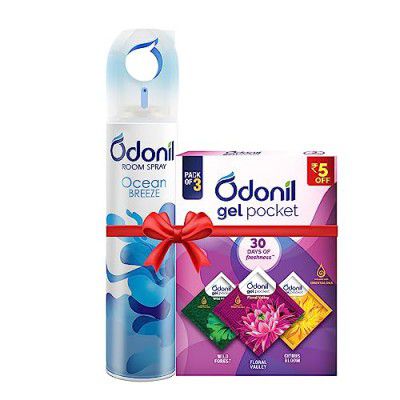 Odonil Spray & Gel Pocket Combo : Odonil Room Air Freshner Spray, Ocean Breeze - 220ml + Odonil Gel Pocket Mix - 30g (Assorted pack of 3 new fragrances) | For Home & Office | Long Lasti