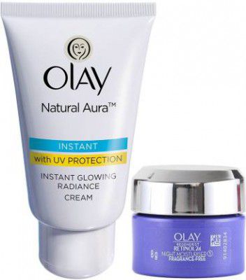 OLAY Natural Aura powered with Vitamin B3, Pro B5, E with UV Protection (40 gm) & Regenerist Retinol 24 Moisturiser (8 gm)  (2 Items in the set)