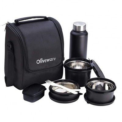 Oliveware Teso Lunch Box with Bottle - Black | 3 Stainless Steel Containers and Pickle Box and Assorted Steel Bottle | Insulated Fabric Bag | Leak Proof Microwave Safe | Full Meal and Easy to Carry