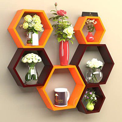 Onlineshoppee Hexagon Designer Storage Shelf, Set of 6 (Orange and Brown)