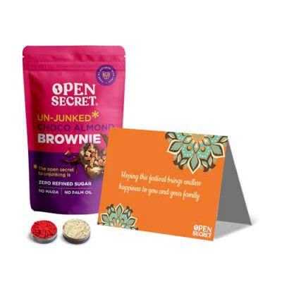 Open Secret Bhaidooj Hamper with Chocolate Brownie, Special Card and Tika Set | 4 Item Gift Combo - Healthy Snacks Gift Set For Brother Sister | Gift Hamper with Bhaiyaduj Tikka threads and sweets | H