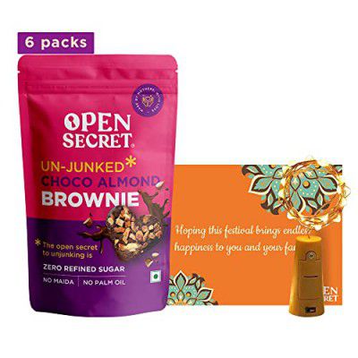 Open Secret Chocolate Almond Brownie (Pack 6), Brownies Gift Hamper | Card, Lights| Zero Refined Sugar No Maida Guilt| Healthy Special Hamper Snacks Combo Box