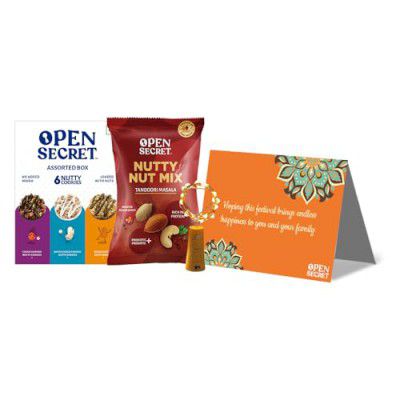 Open Secret Christmas & New Year Gifts Dry Fruit and Nuts Combo Pack with Delicious Chocolate Cookies | 4 Item Gift Combo - Ultimate Festive Treat: Festive Card, Assorted Story Box, Lights, Nutty Mix 