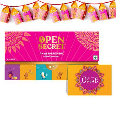 Open Secret Diwali Gift Hamper Item Snacks Combo Box | Assorted Cookies + Card + Decorative Lights