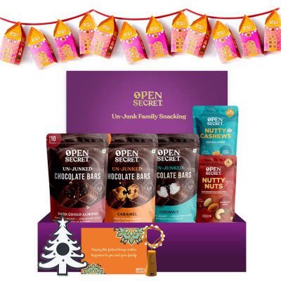 Open Secret Snacks Gifts Hamper Box| Nuts Combo - Cashew Kaju Almonds Badam, Dark Caramel Coconut Chocolate, Lights Lantern, Card, Candle, Gift Box | Healthy Snacks Combo