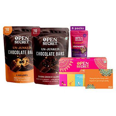 Open Secret Snacks Hamper Gift Combo Box I Dark Caramel Chocolate, Chocolate Brownies, Assorted Cookies Biscuits, Card I Chocolate Cookies Healthy Pack