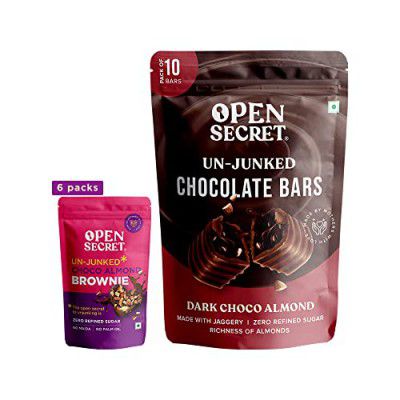 Open Secret Valentines Day Wholesome Chocolate Gift Box | 2 Item Gift Combo - Chocolate Almond Brownie (Pack 6), Dark Chocolate (Pack of 10) 