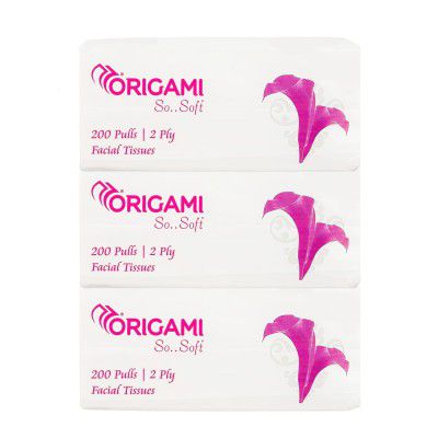 Origami 2 Ply Facial Tissue Soft Pack | Car Tissue - Pack of 3 (200 Pulls Per Box, 600 Sheets)