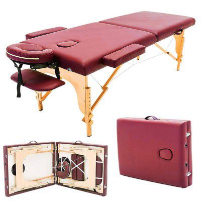 Oriley Foldable Massage Table Memory foam More Thicker & Wider Portable Spa Salon Bed Comes with Carrying Case (Wooden Leg- Bergandy)