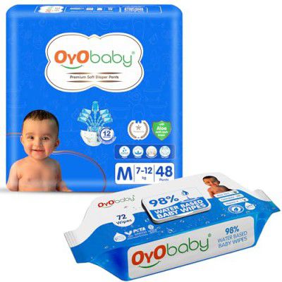 OYO BABY Diapers | Size 9-14 kg baby 48 Count (Pack of 1) & OYO BABY Soft Cleaning with Aloe Vera Baby Wipes Lids 72 Counts (Combo Pack)